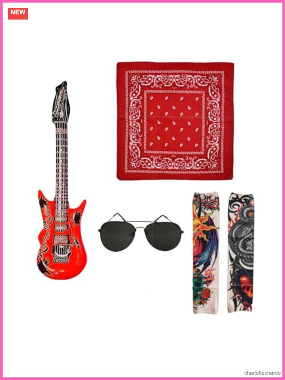 Rock Star Costume Set Inflatable Guitar Sunglasses Headband Sleeves 80s Punk